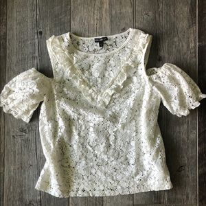Express open shoulder white lace top xs ruffle